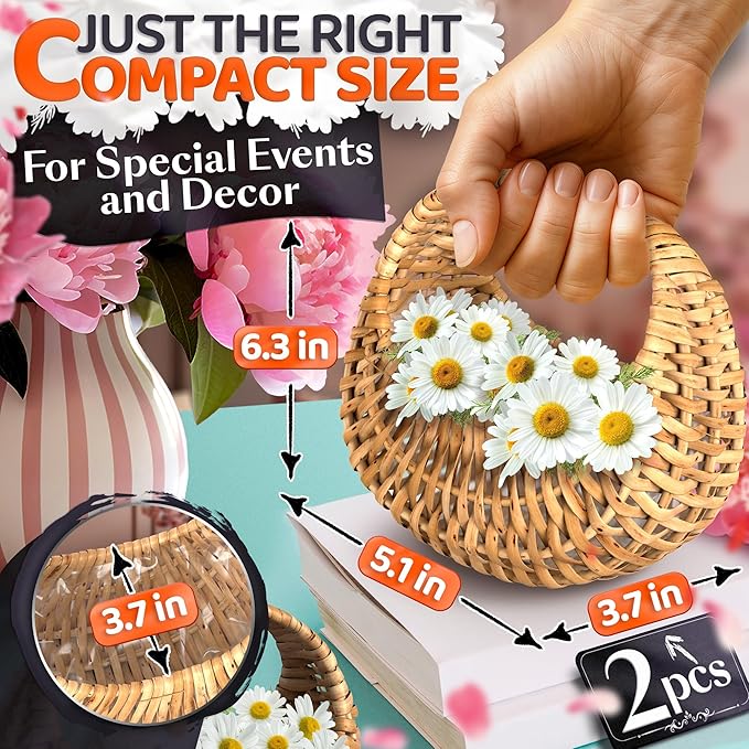 Small Flower Girl Basket Set of 2 – Small Wicker Basket with Handle & Waterproof Lining (6.3" х 5.12" х 3.75") Rustic Style for Wedding Flowers, Sweets & Gifts – Compact, Lightweight & Multifunctional