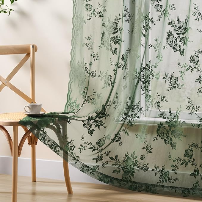 Dark Green Lace Curtains 84 Inches Long Victorian Floral Sheer Curtains - Image 5