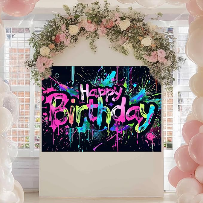HOMETITUTE Neon Happy Birthday Backdrop 96x72 Inch | Happy Birthday Backdrop - Image 7