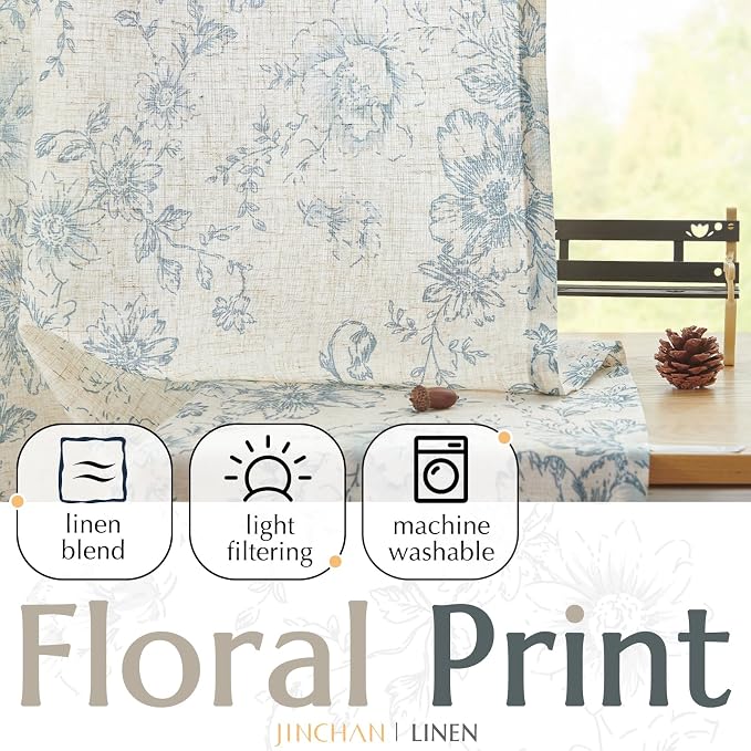jinchan Blue Floral Linen Curtains 84 Inch Farmhouse Back Tab 2 Panels | Light - Image 5