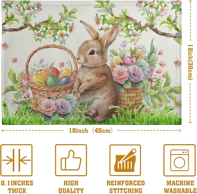 Easter Rabbit Placemats Set of 4 Spring Easter Egg Bunny Flowers Floral Place - Image 4