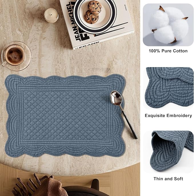 6 PC Quilted Placemats, 100% Cotton Fabric Washable Cloth Table Mats - Image 4