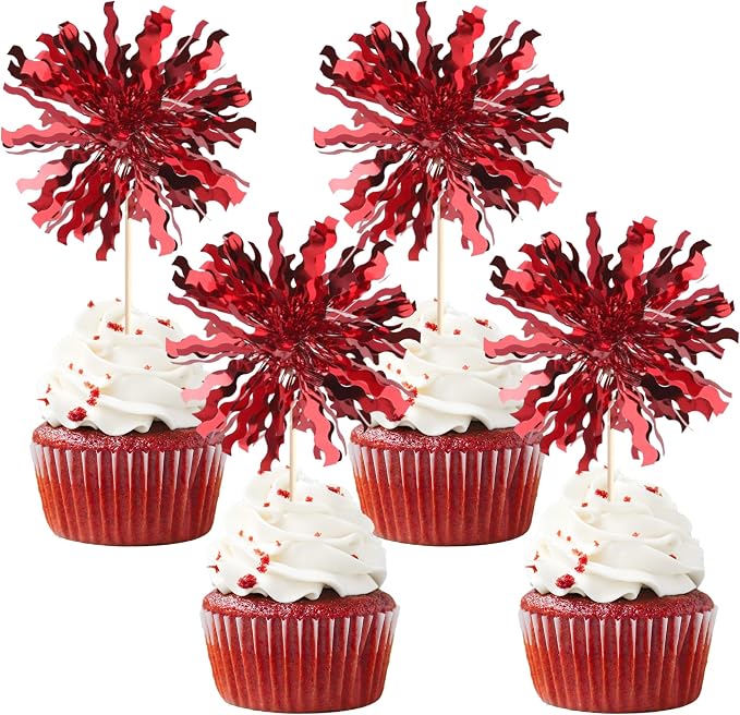 30 PCS Foil Firework Cupcake Toppers Sparkle Tinsel Cupcake Picks Happy by ZHUOWEISM