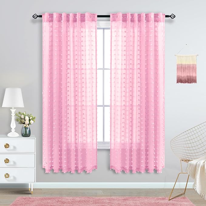 KOUFALL Baby Pink Curtains for Girls Room Baby Nursery Girl, Sheer Boho Pom Pom - Image 2