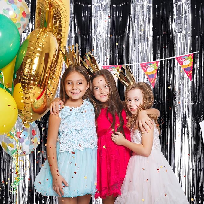 Black Silver Metallic Tinsel Foil Fringe Curtains, 4 Pack 3.3x8.3 Feet Party - Image 5