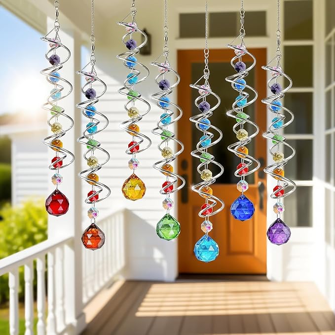 7 Pcs Crystal Gazing Ball Spiral Wind Spinner Suncatcher Garden Decor | Crystal - Image 8