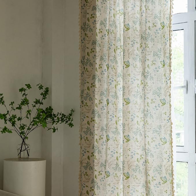 ENJOYBRIDAL Leaf Curtains 96 Inch Length 2 Panels Tassel Boho Semi Sheer Drapes - Image 4