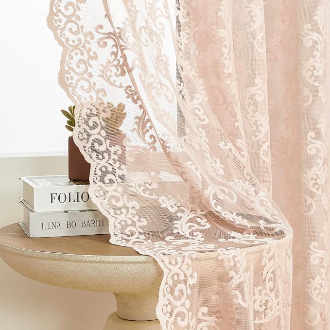 FOLKSIDE Blush Pink Lace Curtains 90 Inches Long 2 Panels Victorian Floral - Image 4