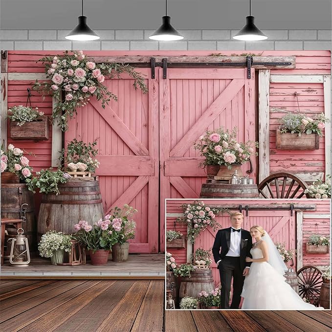6x6ft Country Wedding Pink Photography Backdrop Rustic Wooden Barn Door Photography Backdrop Farmhouse Flower Western Girl Birthday Baby Shower Wedding Bridal Party Banner Photo Booth Props Background