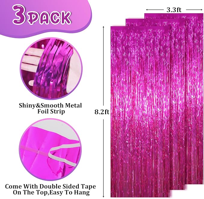Voircoloria Pink Foil Fringe Backdrop Curtains, 3 Pack | Tinsel Streamers - Image 3