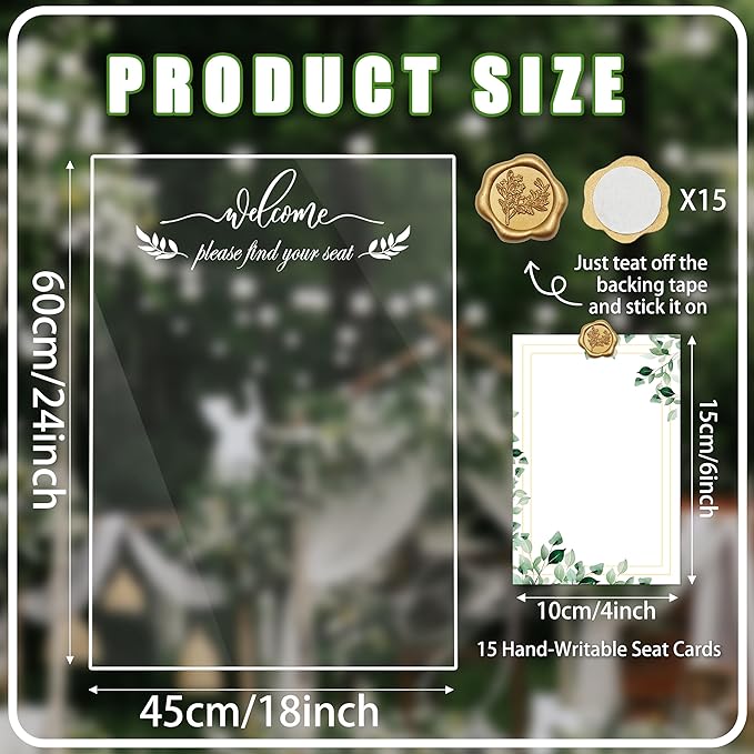 Wedding Seating Chart Board Display, 24x18 Inch Welcome Please Find Your Seat Acrylic Table Seating Chart Board, Includes 15 Seating Cards & 15 Rose Gold Wax Seal Stickers, Elegant Welcome Sign