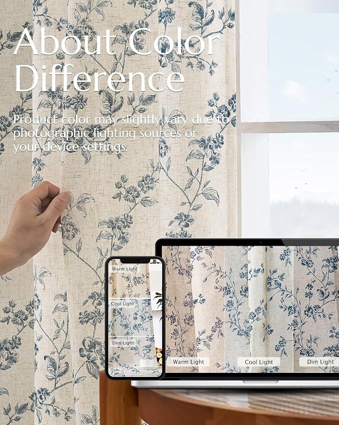 jinchan Blue Floral Linen Curtains 90 Inch French Country Back Tab 2 Panels | - Image 7