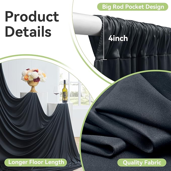 10ftx15ft Wrinkle Free Black Backdrop Curtain, 2 Panels 15FT Height Black Wedding Backdrop Drapes, Silky Polyester Back Drop Cloth for Birthday Photography Background Party Backdrop Draping