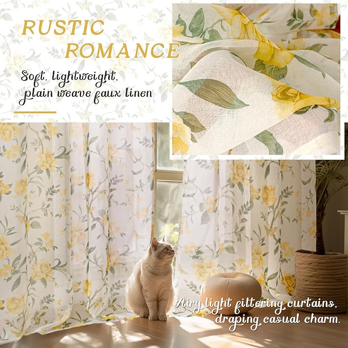 Kitchen Curtains 24 Inch Length 2 Panels, Floral Patterned Semi Sheer Light - Image 4