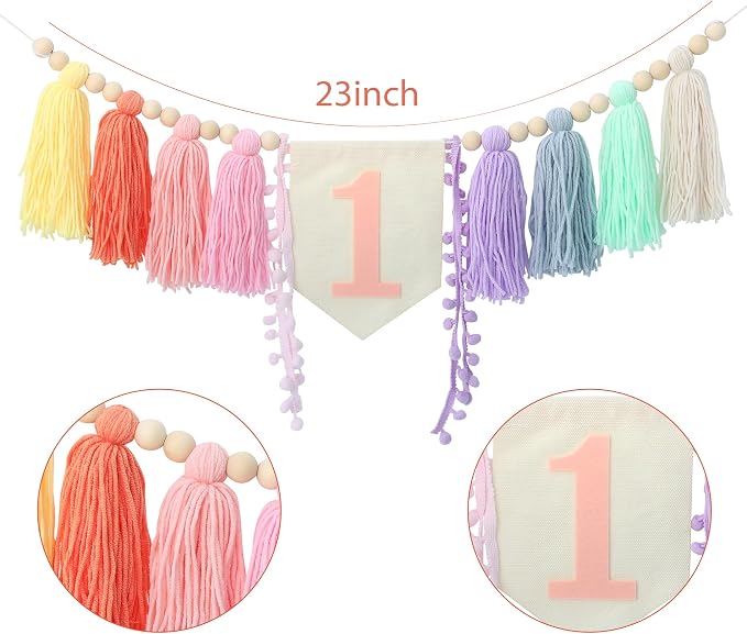 Boho Macaron Handmade Extended 1st Birthday High Chair Banner Wild One First - Image 2