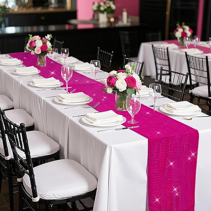 SquarePie Disco Table Runner 6 Pack - Hot Pink Mirror Sequin Glitter Foil Runner for Disco Party Decor Retro 70s 80s Theme, Bachelorette Birthday Dance Decoration 12x108 Inch