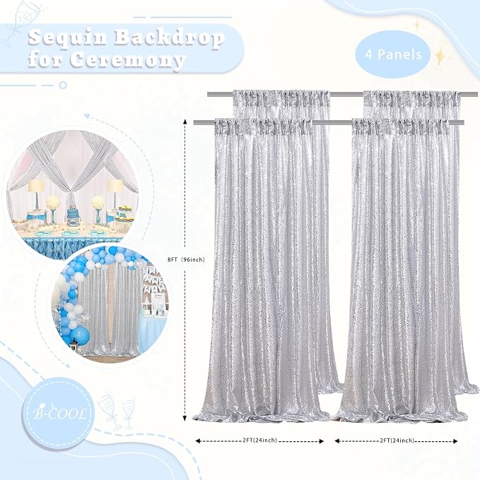 Silver Sequin Backdrop Curtains 4 Pcs 2ftx8ft Glitter Shimmer Fabric | Sparkly - Image 4