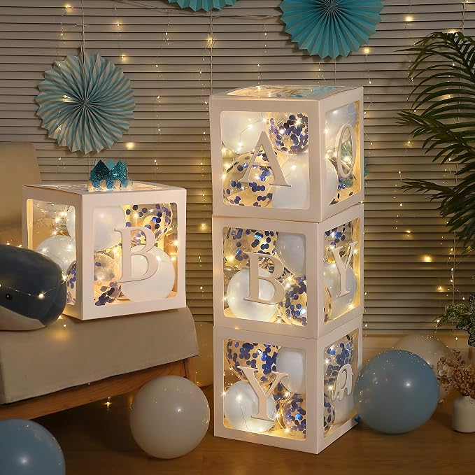 Baby Shower Balloon Box Decorations, 4 Pack Led Fairy String Lights and 40 Pcs by Meonum