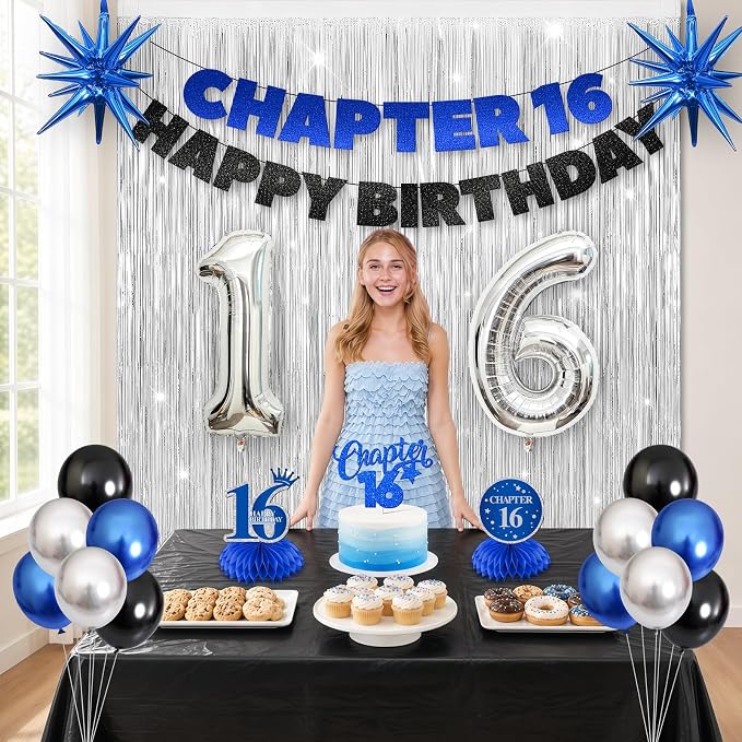 16th Birthday Decorations for Boys and Girls, Fringe Curtains, Tablecloth and - Image 5