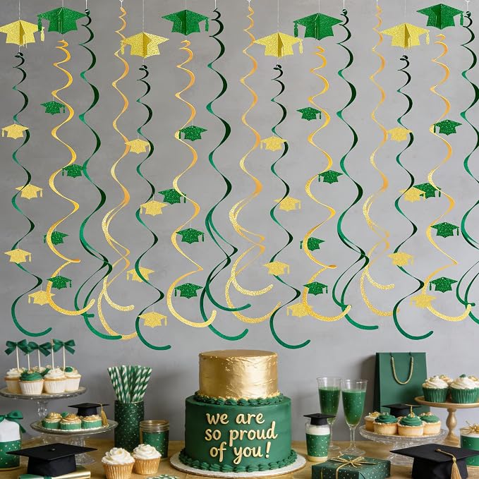 24Pcs Green Gold Graduation Grad Cap Hanging Felt Swirl Streamer Spiral Ceiling - Image 4