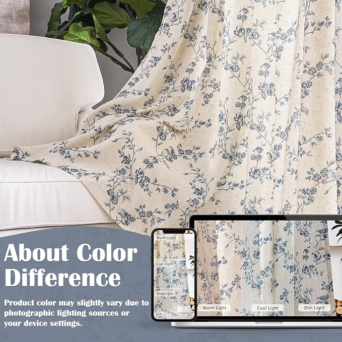 Blue Vintage Floral Linen Curtains Farmhouse 50W X 96L 2 Panels | Elisa Series - Image 6