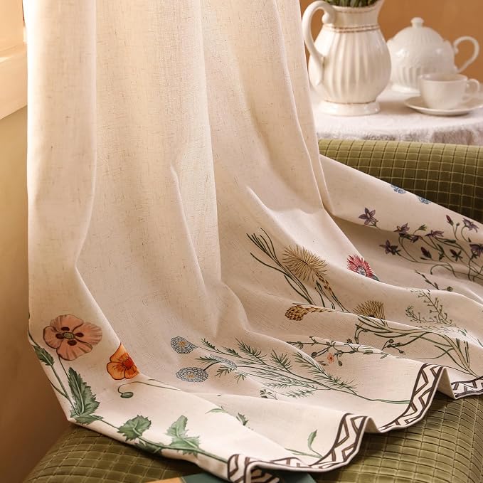 Designer French Linen Printed Curtain, 2 Panels, Light Beige Decor Draps - Image 9