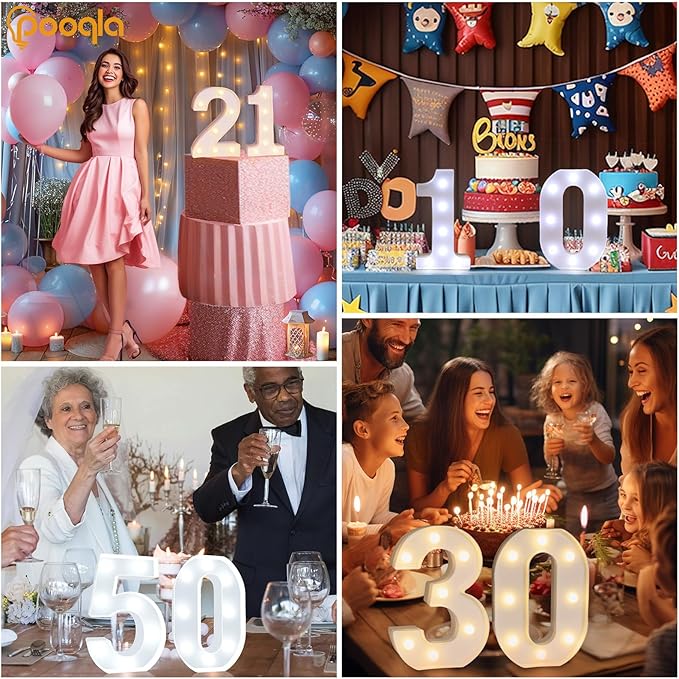 Pooqla LED Light Up Numbers, Warm White and Cool White Decorative Lighted Marquee Numbers, Light Up Numbers for Boys Girls Party, Wedding, Bar, Night Light, Room Decor, Birthday Decoration, Number 0