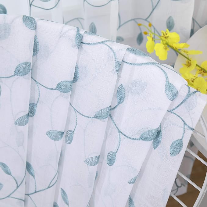 Tollpiz Leaves Sheer Curtain Teal Blue Leaf Embroidery Living Room Curtains Rod - Image 7