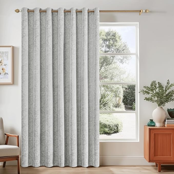 Beauoop Grey Floral Jacquard Blackout Sliding Door Curtains 100x84 1 Set | by Beauoop