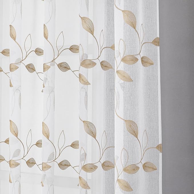 Tollpiz Taupe Leaf Sheer Curtains Bedroom 54 x 84 Inches | Leaves Embroidered - Image 8
