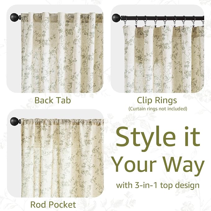jinchan Green Floral Linen Curtains 84 Inch Flower Drapes Back Tab 2 Panels | - Image 6