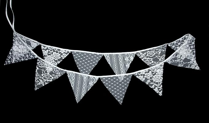 LOVENJOY White Floral Lace Pennant Banner, Fabric Triangle Lace Bunting Flag - Image 2