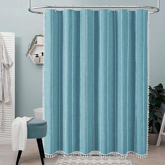 72x78 Long Boho Farmhouse Linen Heavy Duty Cloth Shower Curtain, Teal | Tall - Image 6