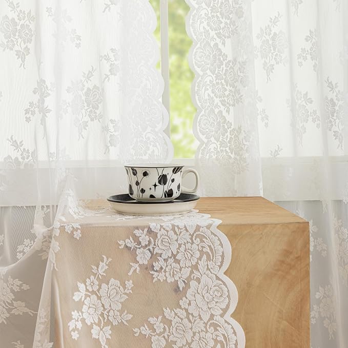 Kotile Ivory Lace Curtains for Bedroom Rustic Floral 52 x 80 Inch 2 Panels | - Image 4