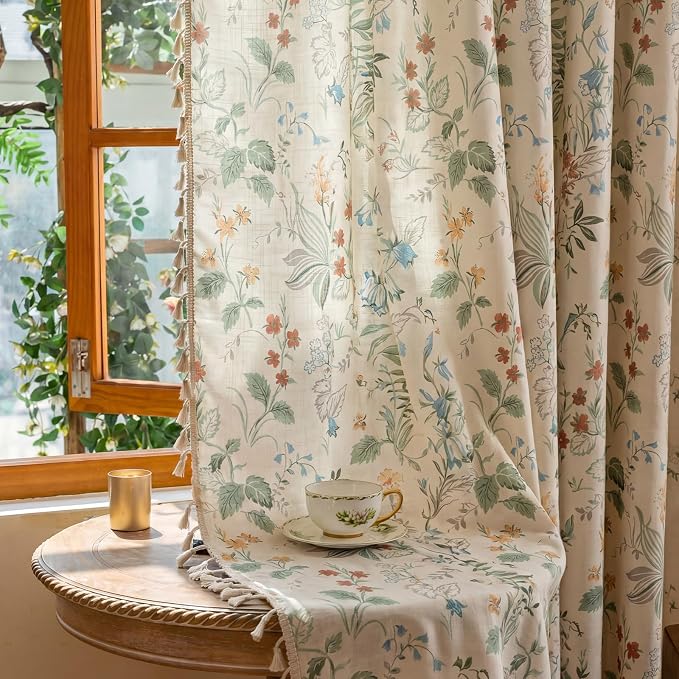 Bedroom Floral Rod Pocket Semi Sheer Curtains 84 Inch Length 2 Panels Set | - Image 6