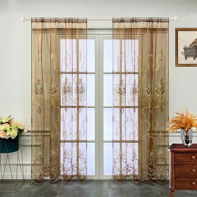 1pc Luxury Brown Embroidered Floral Sheer Tulle Curtain - Image 2