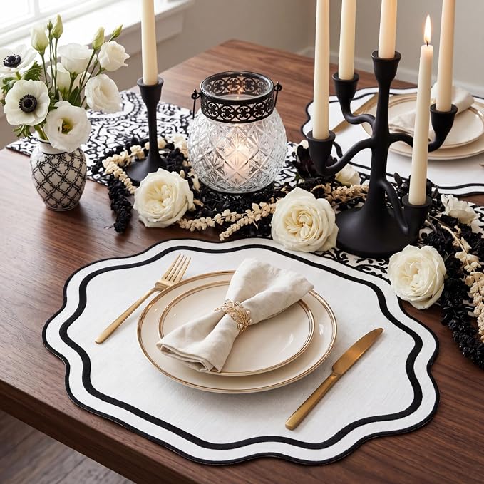 6 Pcs Black and White Wedding Placemats Scalloped Embroidered Cotton Linen - Image 4