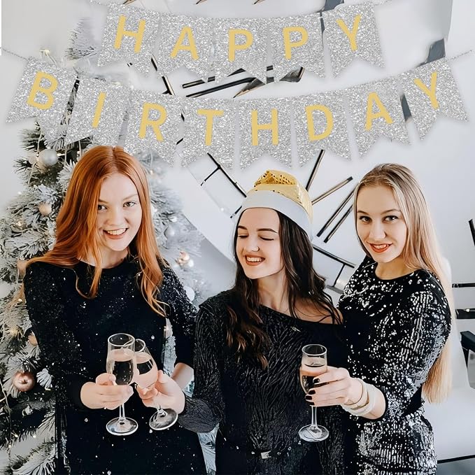 Silver Happy Birthday Banner - 16 ft Pre-Strung Gold & Silver Birthday Party - Image 6