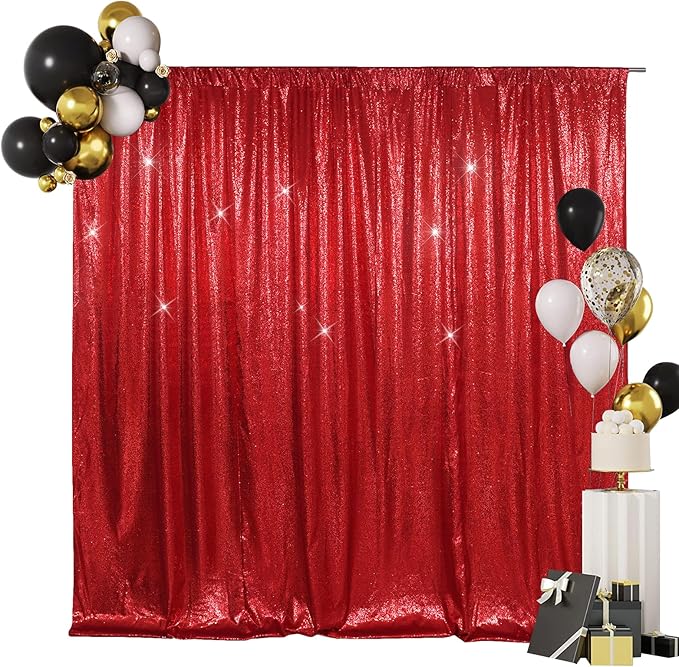 SquarePie Sequin Backdrop Less Transparent Background Sparkly Curtain for Wedding Party 7FT x 7FT Red