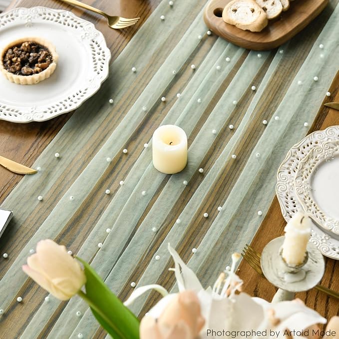 Artoid Mode 6PCS Pearl Grass Green Gauze Table Runner 120 Inch 10FT, Seasonal - Image 5