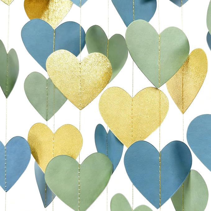 Sage Green Dusty Blue Gold Heart Party Decorations Gold Glitter Paper Dusty - Image 4