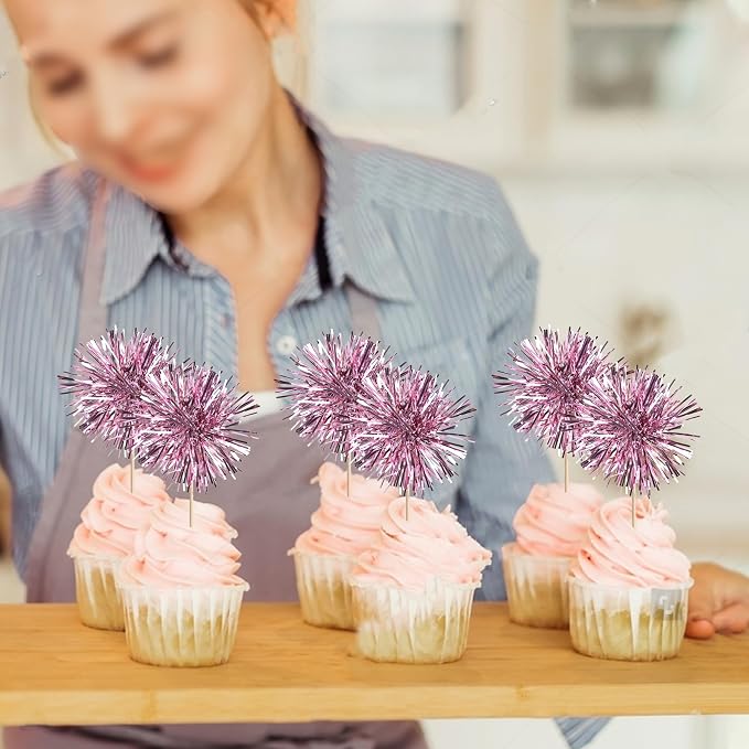 40 PCS Foil Firework Cupcake Toppers Sparkle Tinsel Cupcakae Picks Sparkler - Image 4