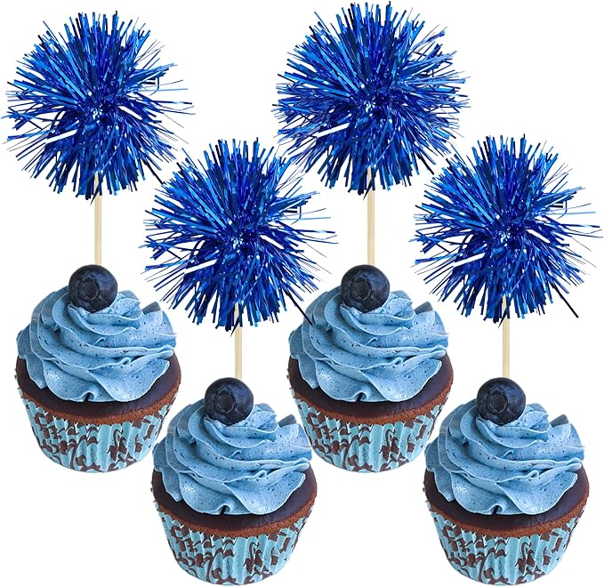 Gyufise 30Pcs Foil Firework Cupcake Toppers Sparkle Tinsel Cake Toppers Tinsel by Gyufise
