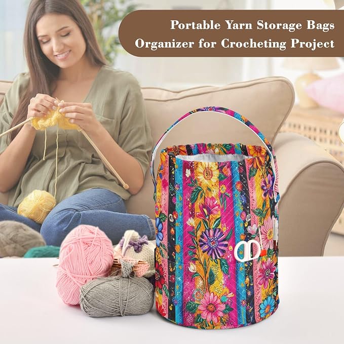 Ethnic Fiesta Striped Mexican Floral Yarn Bag Small Crochet Bag Drawstring Yarn - Image 4