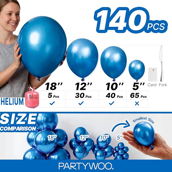 PartyWoo Metallic Blue Balloons 140pcs Chrome Blue Color 18 12 10 5 Inch | 18 - Image 6