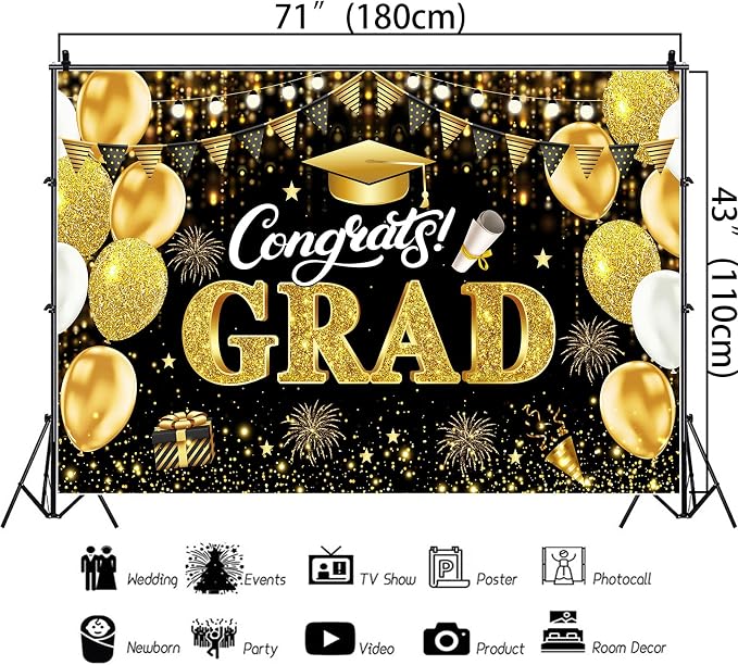 Black Gold Graduation Banner Backdrop 2026 5.9x3.6ft Congrats Grad Banner - Image 7