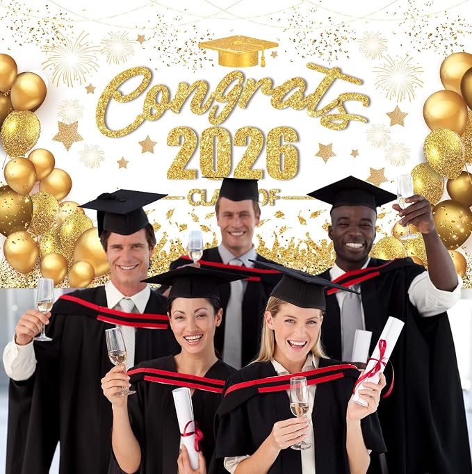 Gold and White Graduation Decorations Congrats Class of 2026 Banner - Image 4