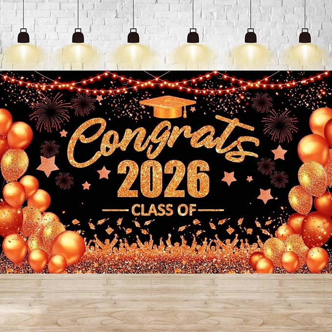 Orange and Black Graduation Decorations Congrats Class of 2026 Banner by ONANNA