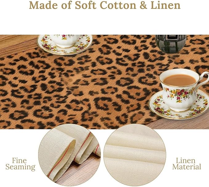Leopard Print Table Runner Wildlife Vintage Cheetah Fur Spot Animal Skin Spots Pattern Table Cloth for Garden Farmhouse Wedding Party Vacation Dinner Home Decoration, 13x60 Inch