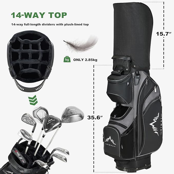 14-Way Golf Cart Bag with Full Length Divider, Premium PU Leather Golf Bag with Plush Top, Magnetic Pocket and Rain Cover for Men